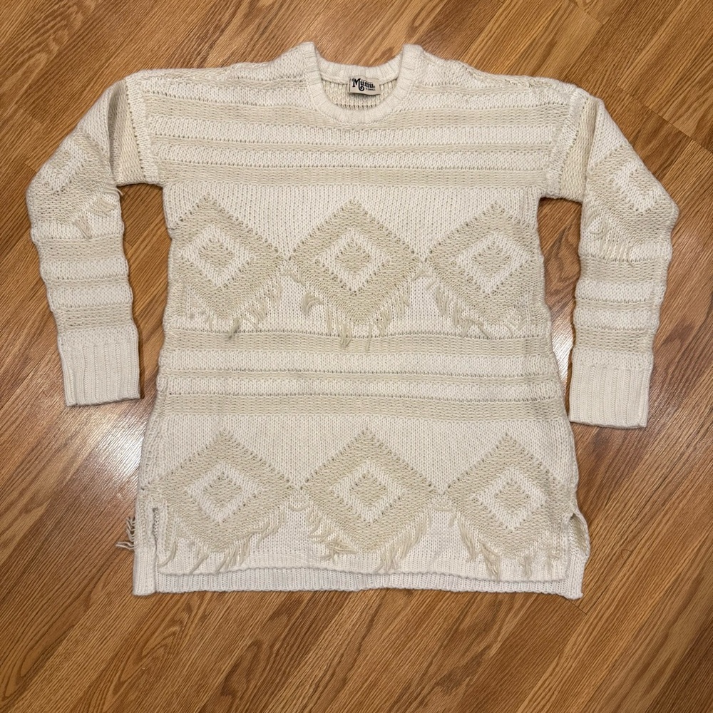 Show Me Your Mumu Canyon Fringed Sweater in cream with a geometric pattern Sz XS